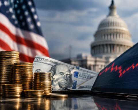 U.S. Treasury bonds, dollar bills and gold-colored coins displayed alongside a declining market chart, with the U.S. Capitol and American flag in the background.