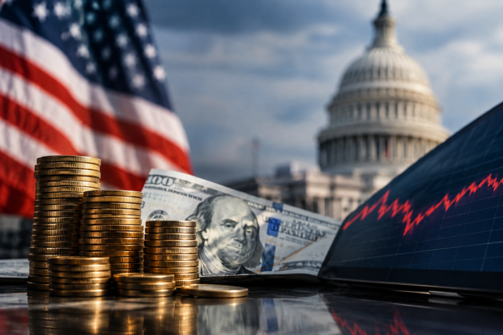 U.S. Treasury bonds, dollar bills and gold-colored coins displayed alongside a declining market chart, with the U.S. Capitol and American flag in the background.