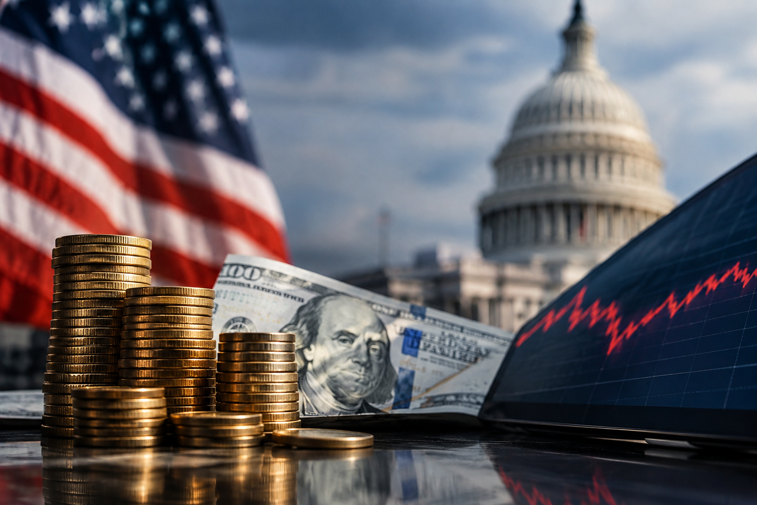 U.S. Treasury bonds, dollar bills and gold-colored coins displayed alongside a declining market chart, with the U.S. Capitol and American flag in the background.