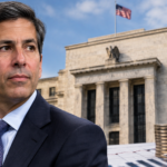Photorealistic financial news image showing a Federal Reserve-style building, U.S. flag, market chart, coins, and a suited central bank official, representing the impact of Fed policy on financial markets.