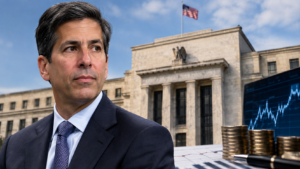 Photorealistic financial news image showing a Federal Reserve-style building, U.S. flag, market chart, coins, and a suited central bank official, representing the impact of Fed policy on financial markets.