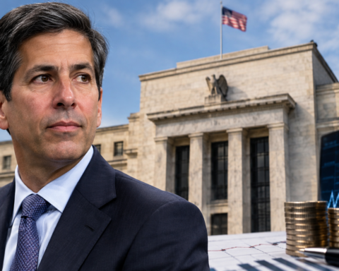Photorealistic financial news image showing a Federal Reserve-style building, U.S. flag, market chart, coins, and a suited central bank official, representing the impact of Fed policy on financial markets.