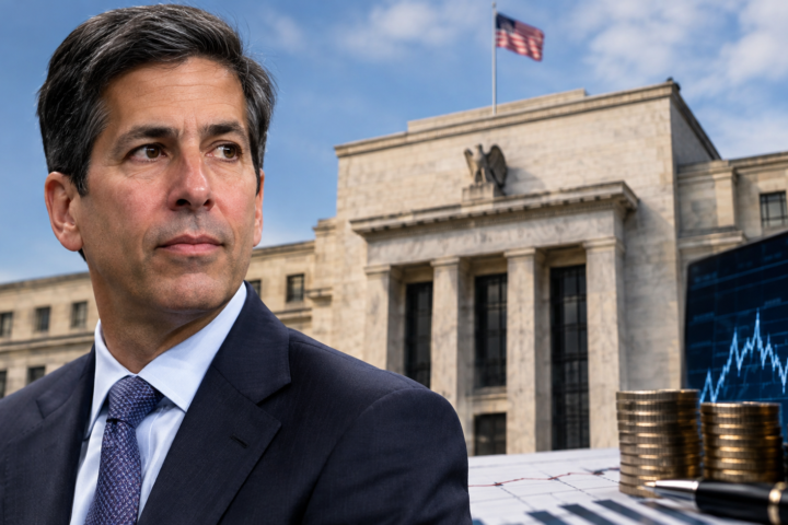 Photorealistic financial news image showing a Federal Reserve-style building, U.S. flag, market chart, coins, and a suited central bank official, representing the impact of Fed policy on financial markets.