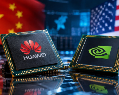 Close-up of Huawei and Nvidia AI processor chips on a circuit board with blurred Chinese and U.S. flags in the background.