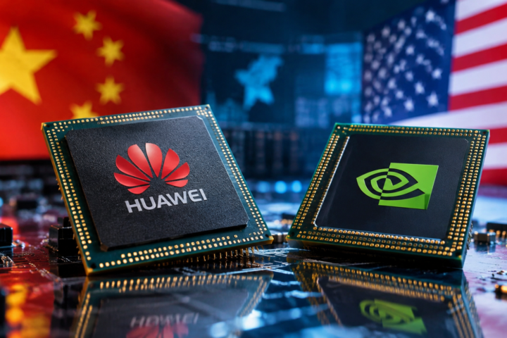 Close-up of Huawei and Nvidia AI processor chips on a circuit board with blurred Chinese and U.S. flags in the background.