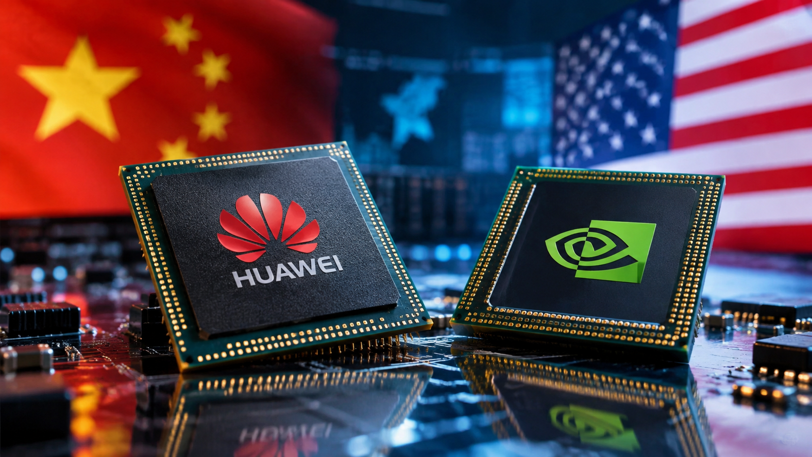 Close-up of Huawei and Nvidia AI processor chips on a circuit board with blurred Chinese and U.S. flags in the background.
