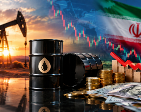 Oil barrels, gold coins and U.S. dollars with a falling market chart, oil pumpjack and Iranian flag in the background, symbolizing rising oil prices and global financial market pressure.