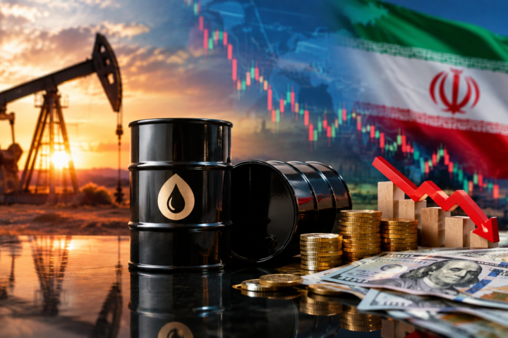 Oil barrels, gold coins and U.S. dollars with a falling market chart, oil pumpjack and Iranian flag in the background, symbolizing rising oil prices and global financial market pressure.