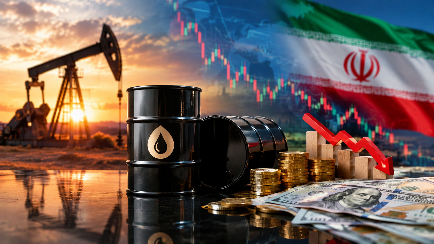 Oil barrels, gold coins and U.S. dollars with a falling market chart, oil pumpjack and Iranian flag in the background, symbolizing rising oil prices and global financial market pressure.