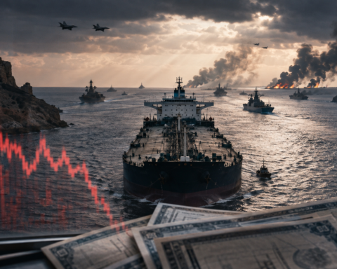 Oil tanker crossing the Strait of Hormuz amid military activity, smoke, and falling financial market indicators.