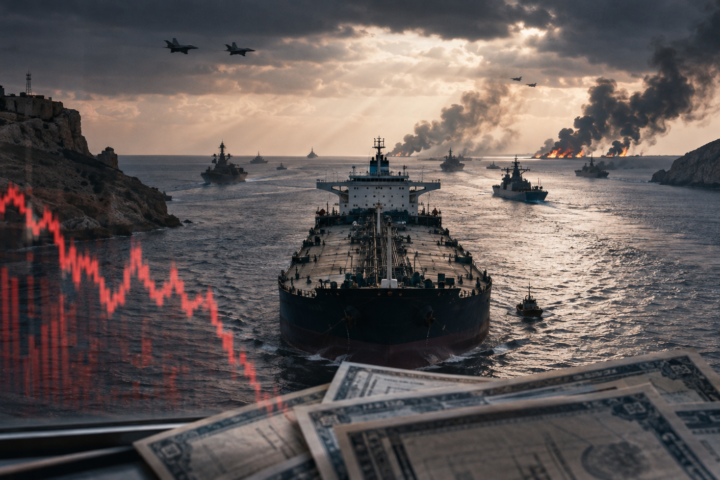 Oil tanker crossing the Strait of Hormuz amid military activity, smoke, and falling financial market indicators.