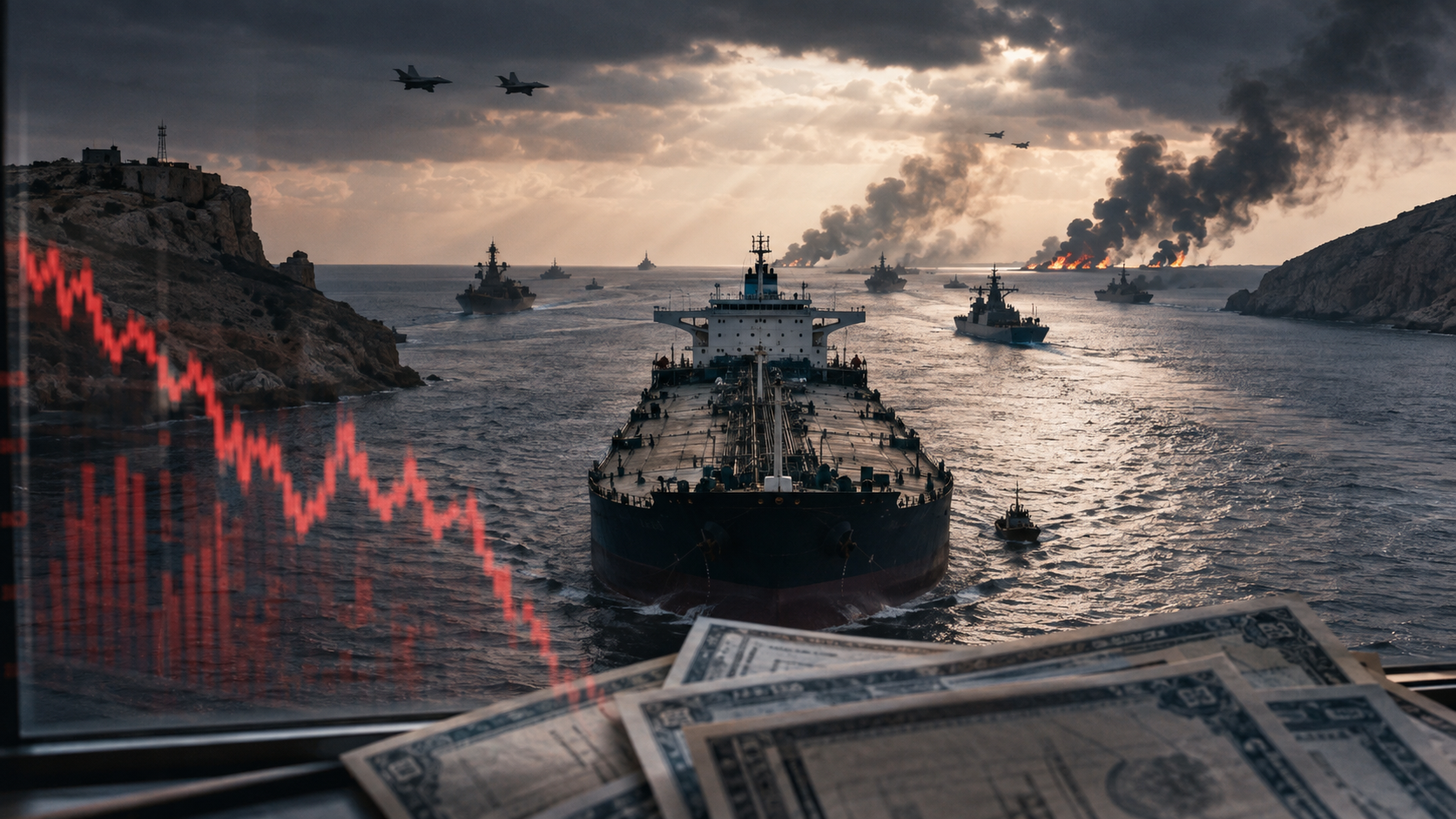 Oil tanker crossing the Strait of Hormuz amid military activity, smoke, and falling financial market indicators.