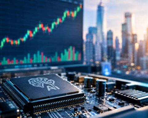 Close-up of an advanced semiconductor chip on a circuit board with a rising stock market chart and modern city skyline blurred in the background, symbolizing growing AI infrastructure investment and technology sector gains.