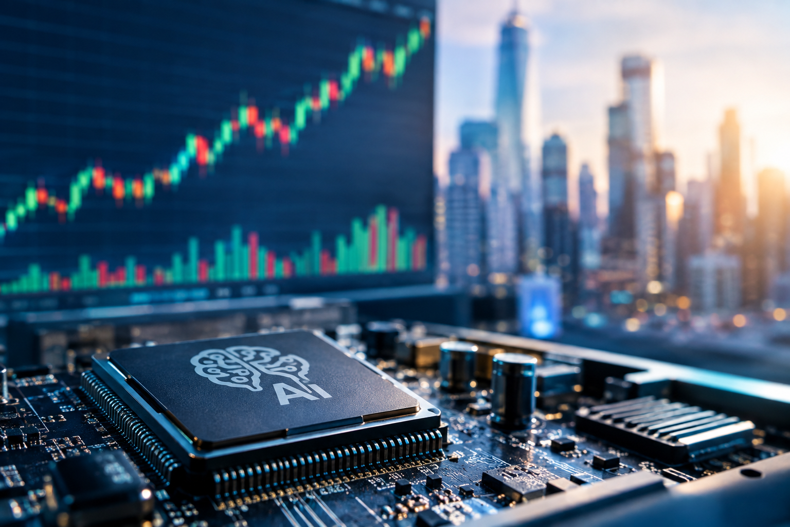 Close-up of an advanced semiconductor chip on a circuit board with a rising stock market chart and modern city skyline blurred in the background, symbolizing growing AI infrastructure investment and technology sector gains.