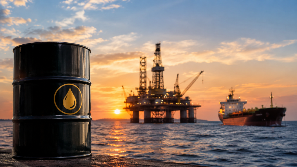 Photorealistic offshore oil scene featuring an oil barrel in the foreground, an offshore drilling platform, and an oil tanker at sunset, symbolizing global crude oil supply and energy market dynamics.
