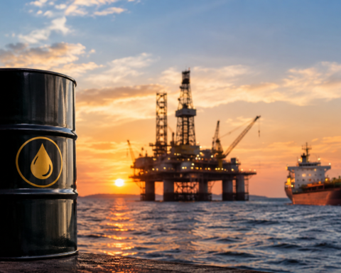 Photorealistic offshore oil scene featuring an oil barrel in the foreground, an offshore drilling platform, and an oil tanker at sunset, symbolizing global crude oil supply and energy market dynamics.
