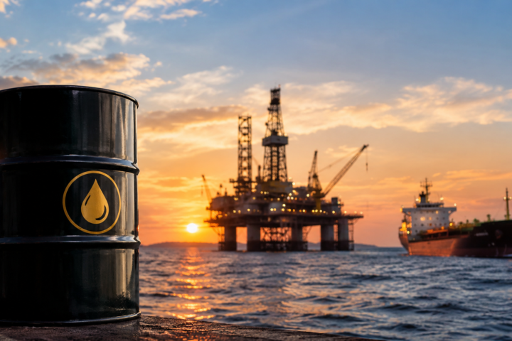 Photorealistic offshore oil scene featuring an oil barrel in the foreground, an offshore drilling platform, and an oil tanker at sunset, symbolizing global crude oil supply and energy market dynamics.