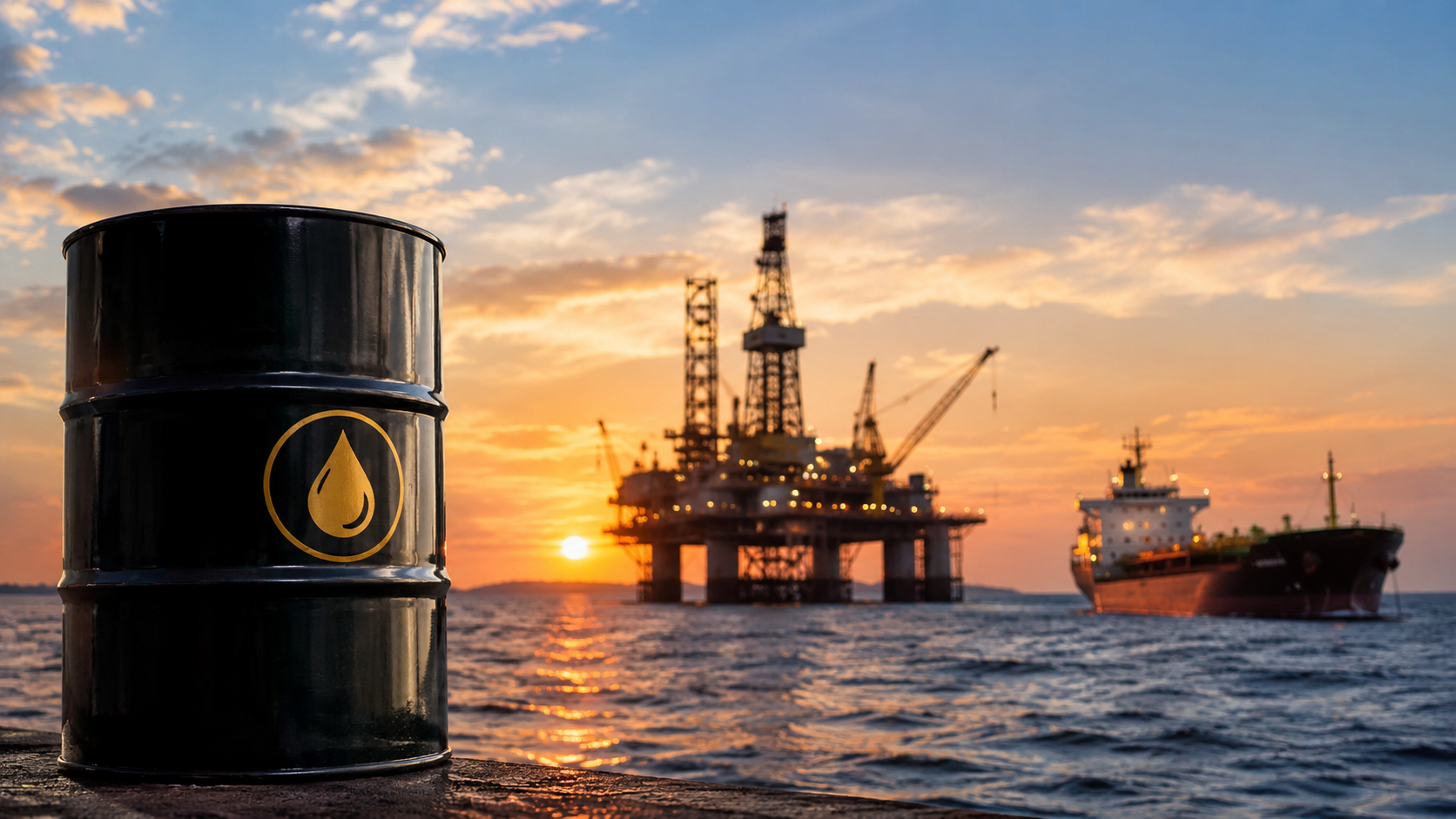 Photorealistic offshore oil scene featuring an oil barrel in the foreground, an offshore drilling platform, and an oil tanker at sunset, symbolizing global crude oil supply and energy market dynamics.