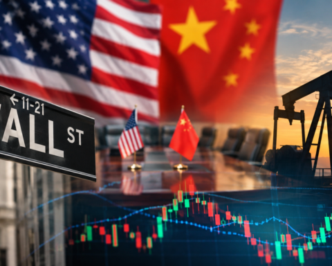 A photorealistic financial market scene featuring a Wall Street sign, U.S. and Chinese flags, a diplomatic meeting table, an oil pumpjack at sunset, and stock market charts, symbolizing the intersection of geopolitics, energy markets, and investor sentiment.