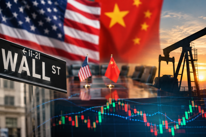 A photorealistic financial market scene featuring a Wall Street sign, U.S. and Chinese flags, a diplomatic meeting table, an oil pumpjack at sunset, and stock market charts, symbolizing the intersection of geopolitics, energy markets, and investor sentiment.