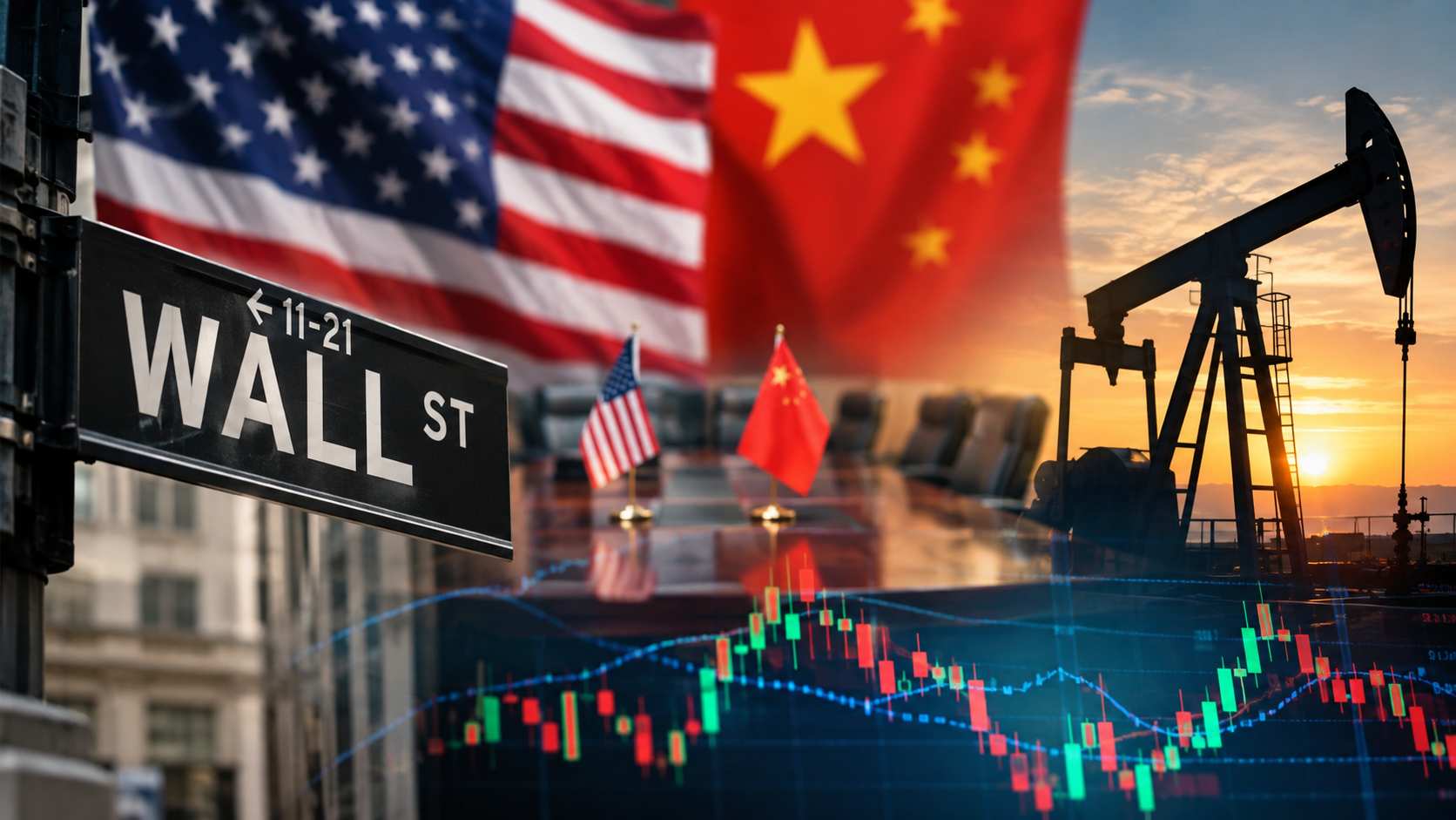 A photorealistic financial market scene featuring a Wall Street sign, U.S. and Chinese flags, a diplomatic meeting table, an oil pumpjack at sunset, and stock market charts, symbolizing the intersection of geopolitics, energy markets, and investor sentiment.