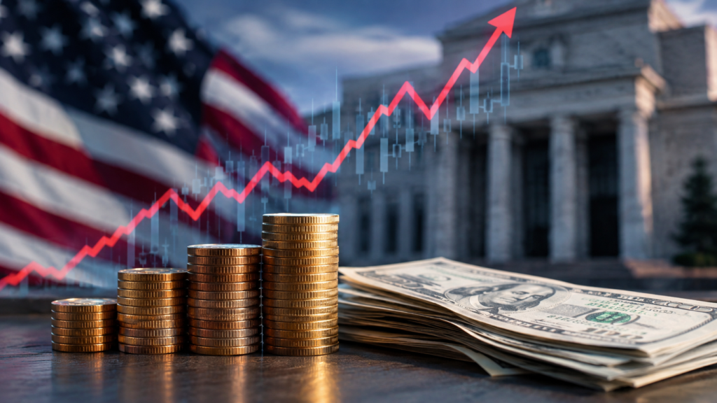 Stacks of coins and U.S. dollar bills in the foreground with a rising market chart overlay, set against a blurred American flag and government building, symbolizing rising Treasury yields and their impact on financial markets.