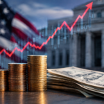 Stacks of coins and U.S. dollar bills in the foreground with a rising market chart overlay, set against a blurred American flag and government building, symbolizing rising Treasury yields and their impact on financial markets.