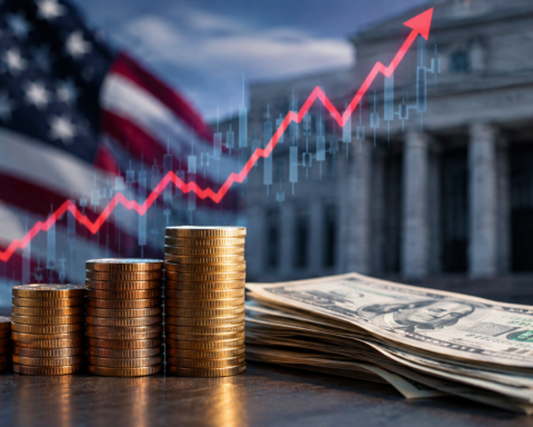 Stacks of coins and U.S. dollar bills in the foreground with a rising market chart overlay, set against a blurred American flag and government building, symbolizing rising Treasury yields and their impact on financial markets.