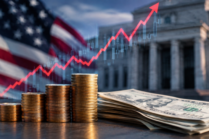 Stacks of coins and U.S. dollar bills in the foreground with a rising market chart overlay, set against a blurred American flag and government building, symbolizing rising Treasury yields and their impact on financial markets.