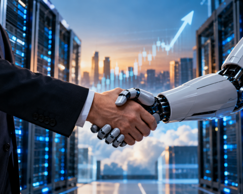 Business executive shaking hands with a humanoid robot inside a modern data center, symbolizing Akamai’s multibillion-dollar Anthropic AI cloud infrastructure deal.