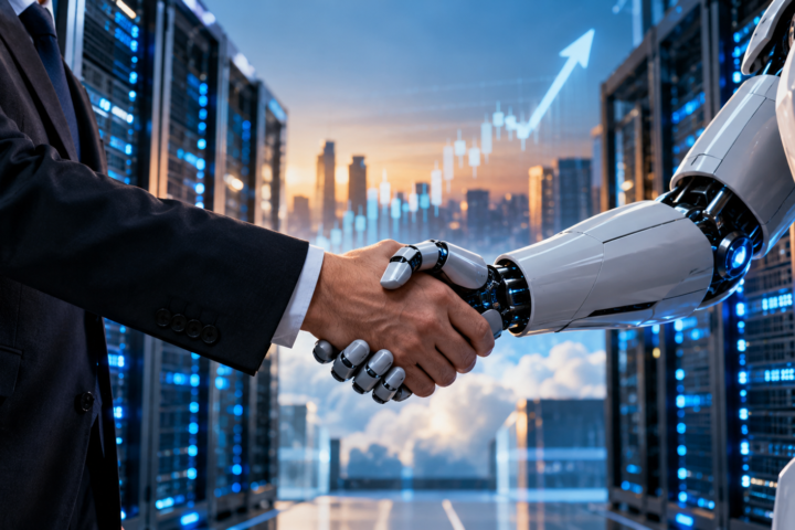 Business executive shaking hands with a humanoid robot inside a modern data center, symbolizing Akamai’s multibillion-dollar Anthropic AI cloud infrastructure deal.