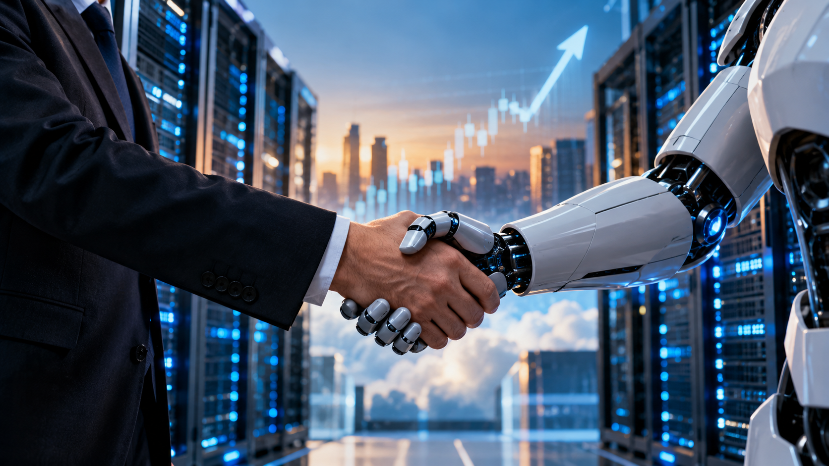 Business executive shaking hands with a humanoid robot inside a modern data center, symbolizing Akamai’s multibillion-dollar Anthropic AI cloud infrastructure deal.