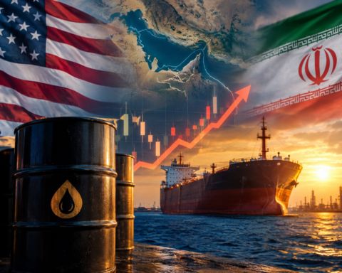 A photorealistic oil tanker sailing near an industrial port with oil barrels in the foreground, overlaid with symbols of rising energy prices and geopolitical tension between the United States and Iran, against a dramatic sunset backdrop.
