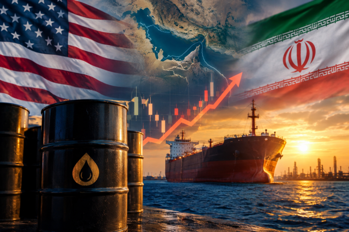 A photorealistic oil tanker sailing near an industrial port with oil barrels in the foreground, overlaid with symbols of rising energy prices and geopolitical tension between the United States and Iran, against a dramatic sunset backdrop.