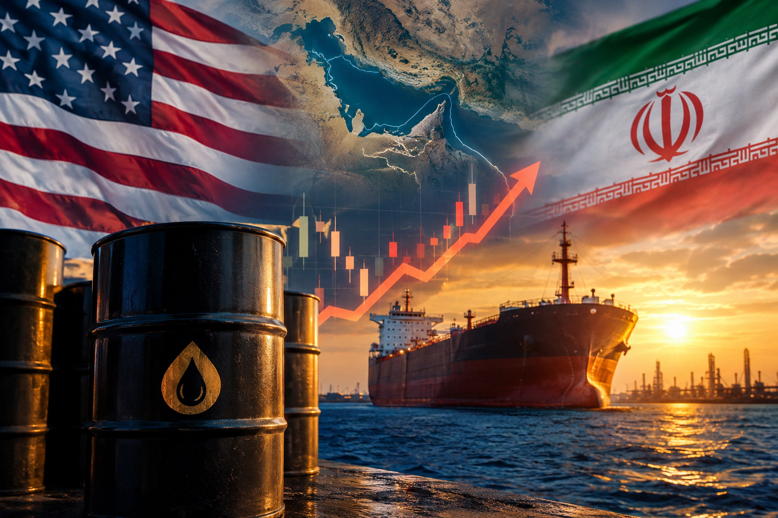 A photorealistic oil tanker sailing near an industrial port with oil barrels in the foreground, overlaid with symbols of rising energy prices and geopolitical tension between the United States and Iran, against a dramatic sunset backdrop.