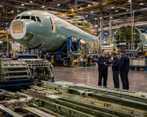 Aircraft fuselage sections and structural components inside a large aerospace manufacturing facility as engineers review production work.