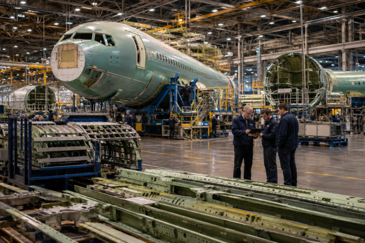 Aircraft fuselage sections and structural components inside a large aerospace manufacturing facility as engineers review production work.