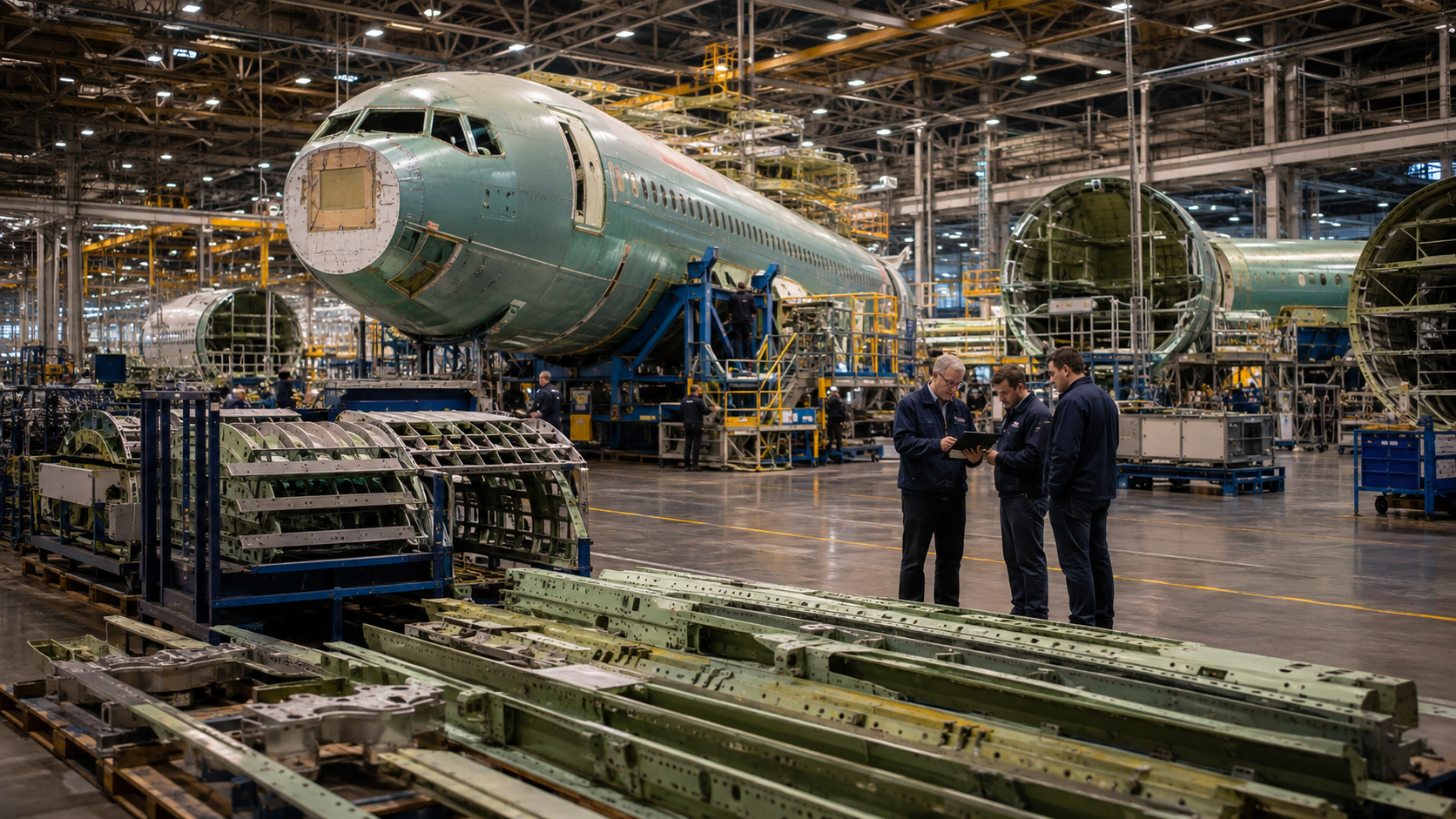 Aircraft fuselage sections and structural components inside a large aerospace manufacturing facility as engineers review production work.