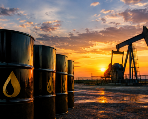 Black oil barrels in the foreground with an operating oil pumpjack at sunset, symbolizing rising crude oil prices and global energy market supply concerns.