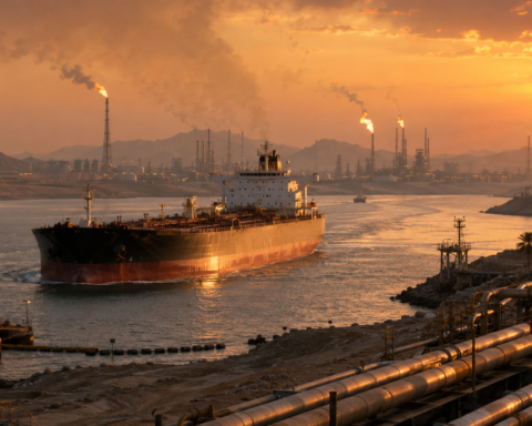 Large oil tanker sails through a narrow industrial waterway at sunset, surrounded by pipelines, storage tanks and refinery infrastructure.