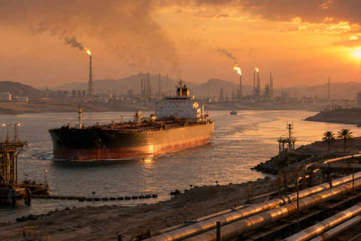 Large oil tanker sails through a narrow industrial waterway at sunset, surrounded by pipelines, storage tanks and refinery infrastructure.