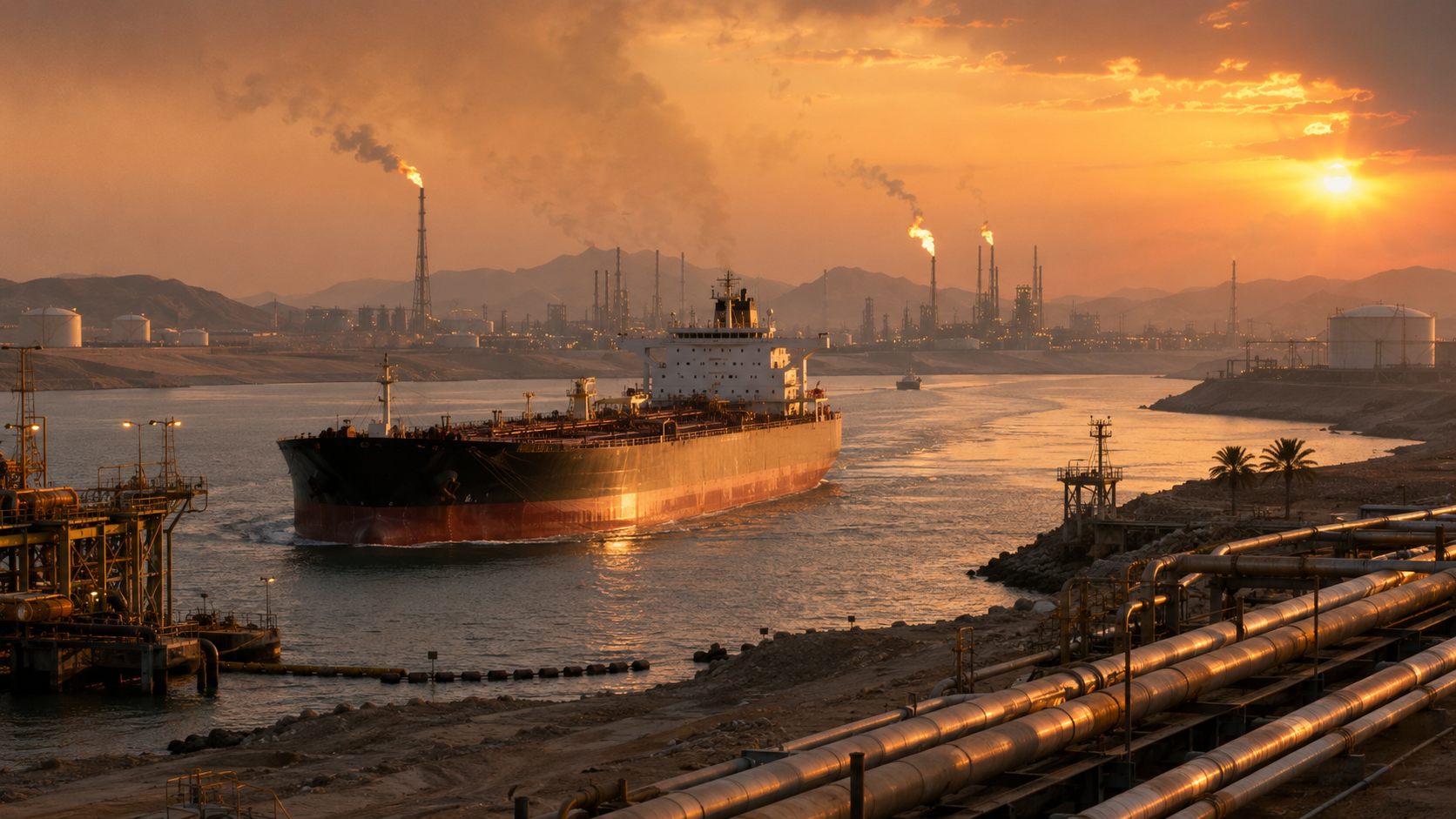 Large oil tanker sails through a narrow industrial waterway at sunset, surrounded by pipelines, storage tanks and refinery infrastructure.