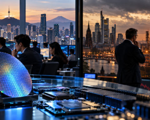 Semiconductor wafers and trading desks overlooking Asian and European financial districts, with an oil refinery symbolizing rising energy and interest-rate pressures.