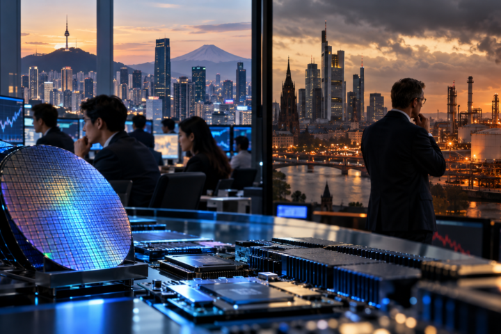Semiconductor wafers and trading desks overlooking Asian and European financial districts, with an oil refinery symbolizing rising energy and interest-rate pressures.