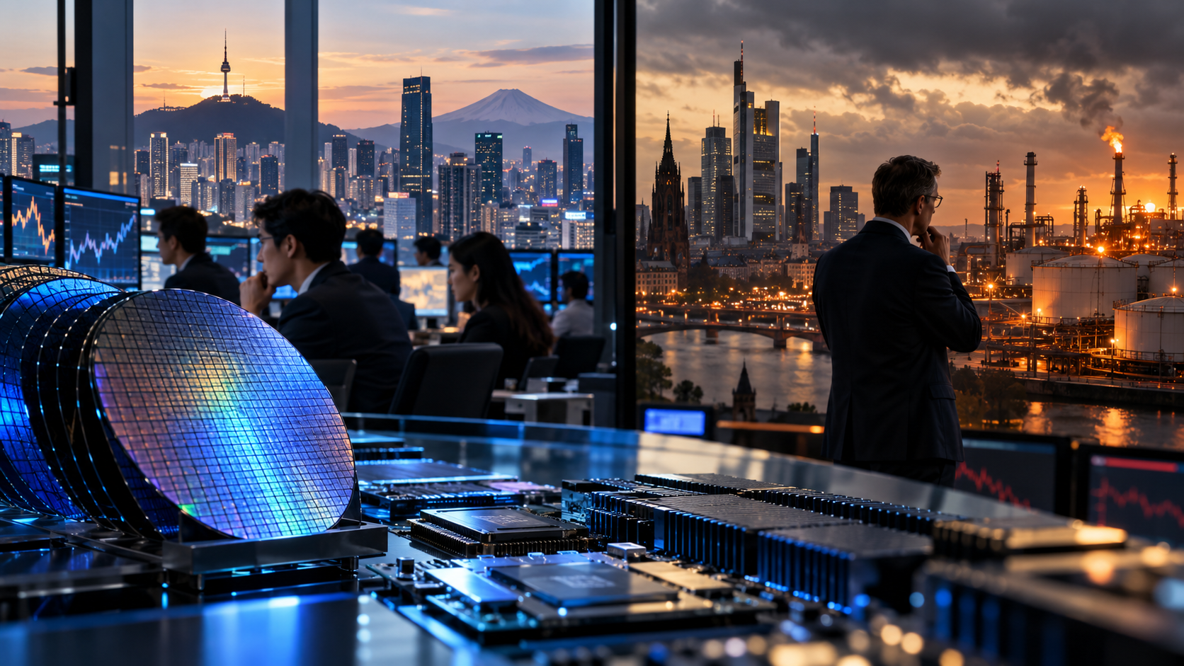 Semiconductor wafers and trading desks overlooking Asian and European financial districts, with an oil refinery symbolizing rising energy and interest-rate pressures.