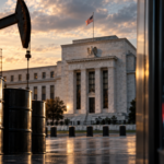 Oil barrels and a pumpjack near the Federal Reserve building with blurred market charts in the background.