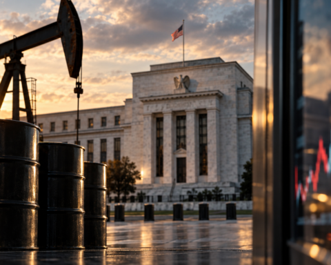 Oil barrels and a pumpjack near the Federal Reserve building with blurred market charts in the background.