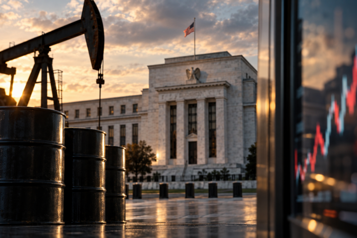 Oil barrels and a pumpjack near the Federal Reserve building with blurred market charts in the background.