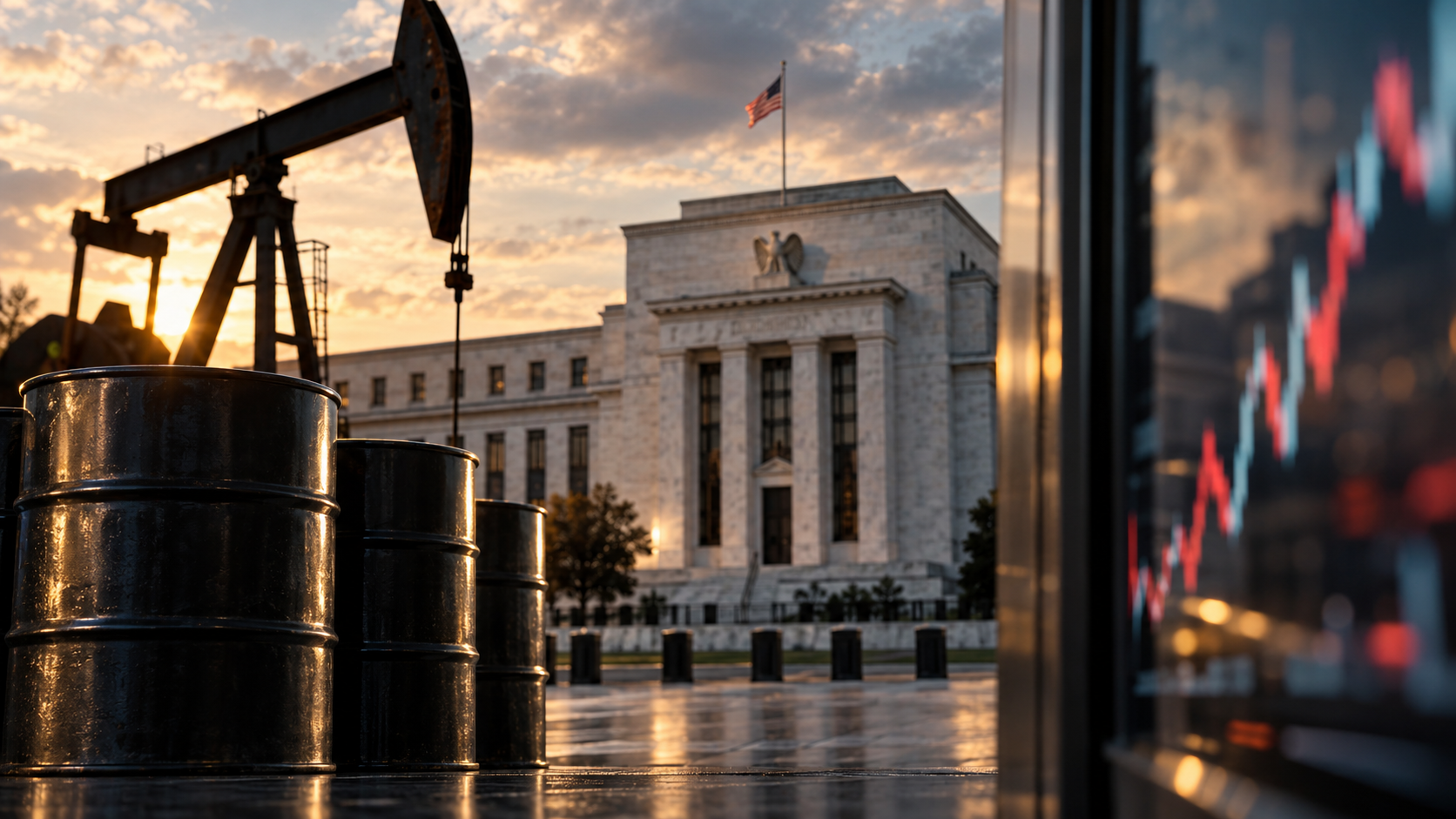 Oil barrels and a pumpjack near the Federal Reserve building with blurred market charts in the background.