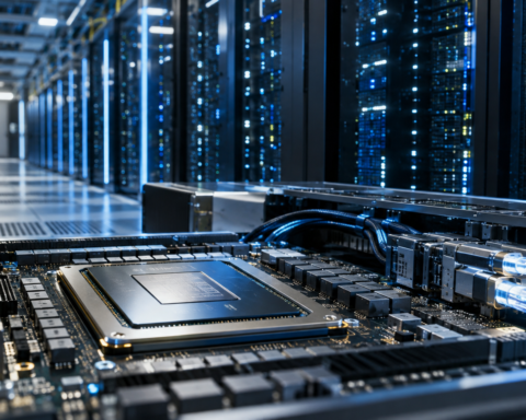 Advanced semiconductor processor and high-speed optical connections inside a modern data center lined with illuminated server racks.